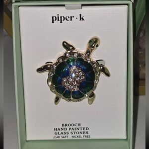 PIPER K Tortoise Turtle Hand-Painted Glass Stone-Accented Brooch Pin NEW NWT